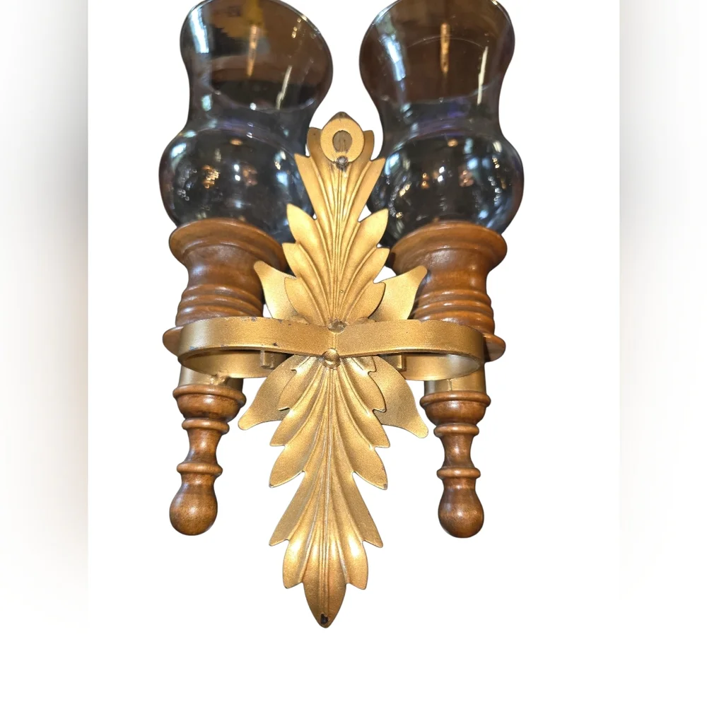 Vintage Decorative Wood, Brass & Glass Double Candle Holder Hanging‎ Wall Sconce